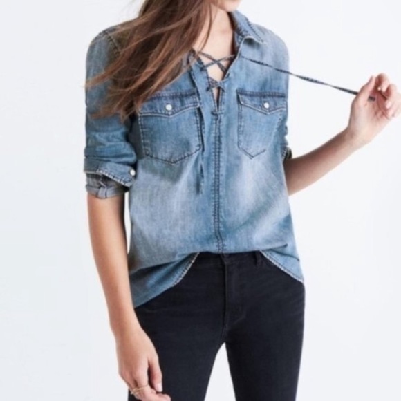 MADEWELL Chambray Lace Up Pull On Top—SZ. XS - Picture 1 of 14
